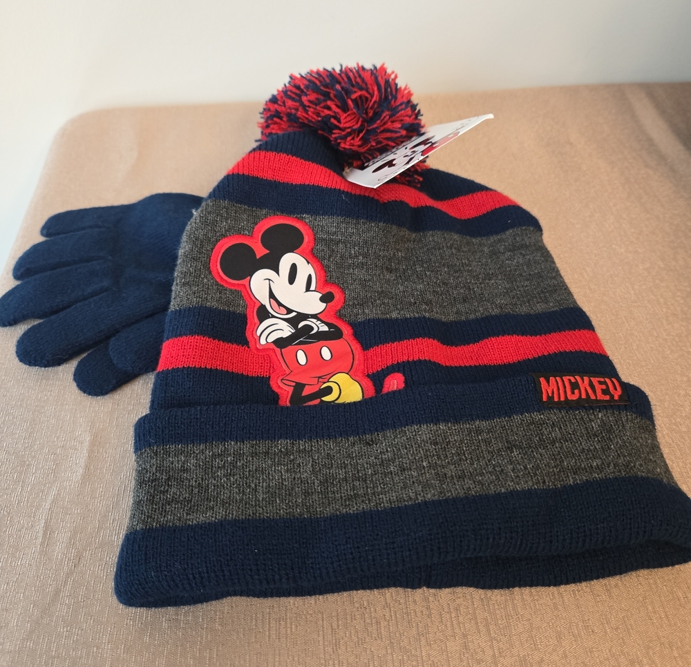 Disney Mickey Mouse Hat & Gloves set Kids Striped Beanie Pom Pom Navy Gray Red